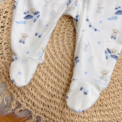 Macacão em Soft com Abertura em Zíper Coala Brincando - Off White e Azul